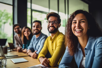 Obraz premium Portrait of successful group of business people at modern office looking at camera. Portrait of happy businessmen and satisfied businesswomen standing and smile as a team. Generative AI.