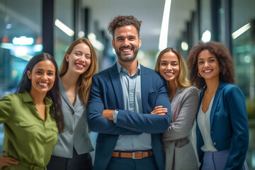 Obraz premium Portrait of successful group of business people at modern office looking at camera. Portrait of happy businessmen and satisfied businesswomen standing and smile as a team. Generative AI.