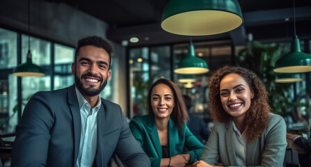 Fototapeta premium Portrait of successful group of business people at modern office looking at camera. Portrait of happy businessmen and satisfied businesswomen standing and smile as a team. Generative AI.