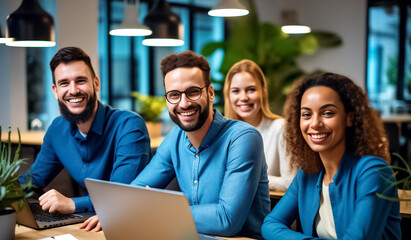 Portrait of successful group of business people at modern office looking at camera. Portrait of happy businessmen and satisfied businesswomen standing and smile as a team. Generative AI.