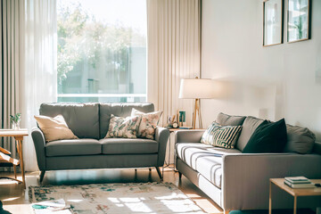 modern living room with gray sofa