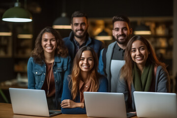 Fototapeta na wymiar Portrait of successful group of business people at modern office looking at camera. Portrait of happy businessmen and satisfied businesswomen standing and smile as a team. Generative AI.