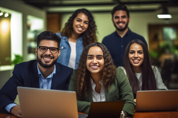 Fototapeta premium Portrait of successful group of business people at modern office looking at camera. Portrait of happy businessmen and satisfied businesswomen standing and smile as a team. Generative AI.