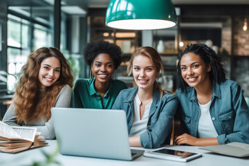 Fototapeta premium Portrait of successful group of business people at modern office looking at camera. Portrait of happy businessmen and satisfied businesswomen standing and smile as a team. Generative AI.