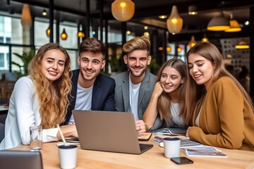 Obraz premium Portrait of successful group of business people at modern office looking at camera. Portrait of happy businessmen and satisfied businesswomen standing and smile as a team. Generative AI.