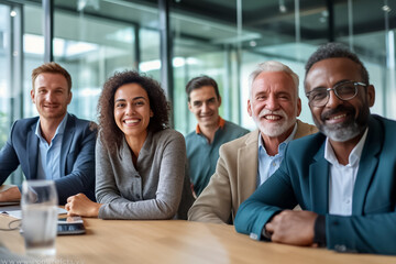 Portrait of successful group of business people at modern office looking at camera. Portrait of happy businessmen and satisfied businesswomen standing and smile as a team. Generative AI. - obrazy, fototapety, plakaty