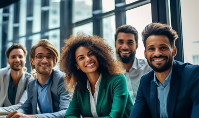 Obraz premium Portrait of successful group of business people at modern office looking at camera. Portrait of happy businessmen and satisfied businesswomen standing and smile as a team. Generative AI.