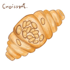 Croissants painted in watercolor with various flavors.