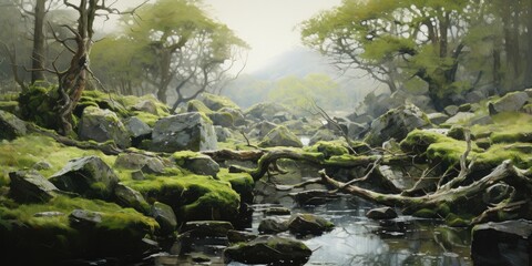 oil painting of stunted oak trees with moss and lichen covered stones, generative AI
