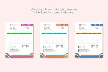 Corporate invoice design template
With 3 colour theme variations.