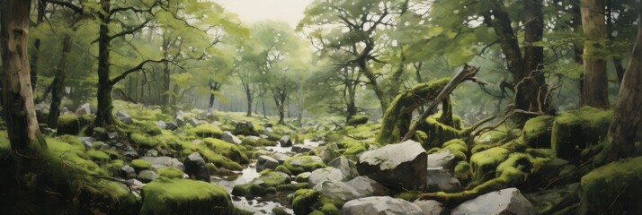 oil painting of stunted oak trees with moss and lichen covered stones, generative AI