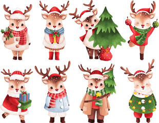 Watercolor illustration set of Christmas reindeer © Stella