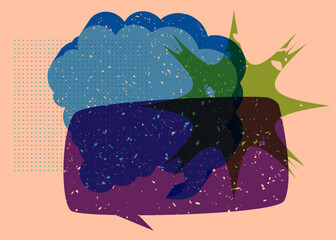 Colorful geometric shapes with two speech bubble. Object in trendy riso graph design. Geometry elements abstract risograph print texture style.