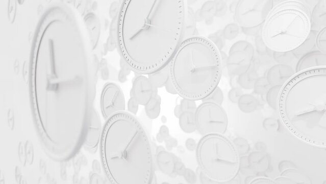 White Clock time is very fast on many white clock.  Minimal idea concept. Animation Seamless loop 3d render.