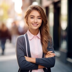 Young Brown Haired Girl Smiling in the City With Arms Crossed. Generative Ai