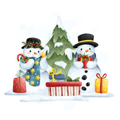 Watercolor illustration cute snowman with Christmas tree and gifts
