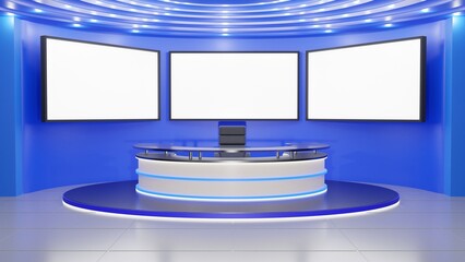 white table and lcd background in a news studio room.3d rendering.
