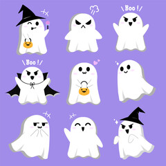 Halloween set of Cute Ghost in Various Spooky boo with emotions and facial Expressions. character cartoon with hand drawn in flat design. Graphic elements and Vector Illustrations.