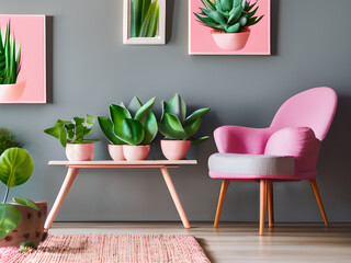 Aloe in pink pot on wooden table in pastel apartment interior with plants and armchair beside sofa with pillows. Modern living room