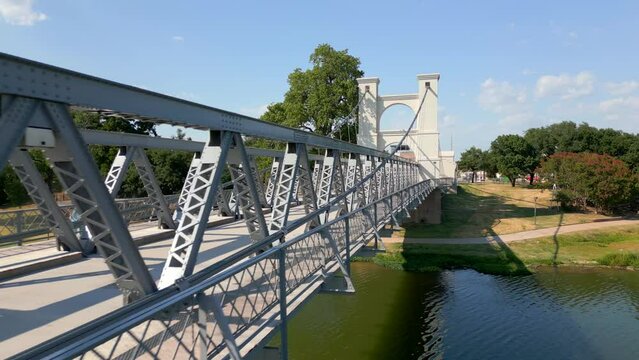 Aerial drone video Waco Suspension Bridge Texas