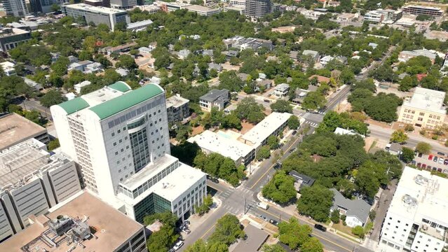 Aerial video Travis County court and jail Downtown Austin Texas 4k