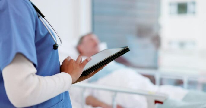 Tablet, woman hands and nurse at hospital with elderly patient and medical results in ICU. Clinic, healthcare worker and technology with doctor, insurance and nursing data for surgery and care