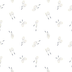 Seamless pattern sports equipment set, shuttlecock, tennis ball. Watercolor illustration on a white isolated background. Athletic lifestyle, sport design, textile
