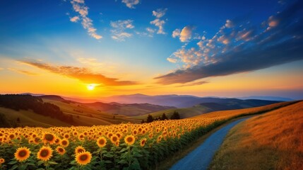 Ripe sunflowers along a rural road in the rays of an autumn dawn on a hilly landscape. AI Generation 