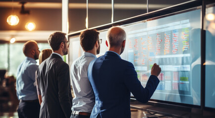 team of creative, brainstorming or team strategy looking up board at the office.