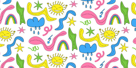 Cute cartoon seamless pattern sun stars rainbow cloud rain elements in playful cartoon style.Vector EPS10