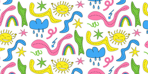 Cute cartoon seamless pattern sun stars rainbow cloud rain elements in playful cartoon style.Vector EPS10