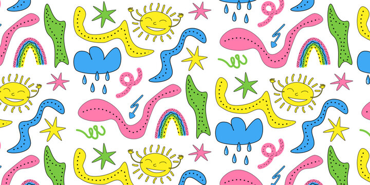 Cute cartoon seamless pattern sun stars rainbow cloud rain elements in playful cartoon style.Vector EPS10 © Oxana