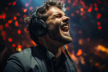 Portrait of a handsome young man with headphones singing in a nightclub