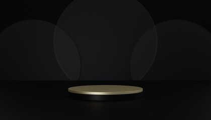 Golden and black podium, black background with transparent circles for displaying premium products. 3d illustration.