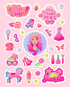 Stickers set with cute images: pretty girl, pink horse toy, retro phone, butterfly, skate roller. Pink concept. Vector illustration set.