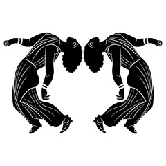 Symmetrical ethnic design with two dancing ancient Greek women bent back. Black and white silhouette.