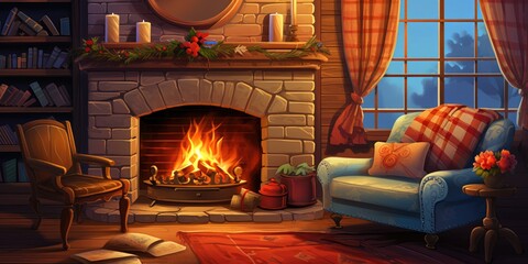 oil painting of a cozy living room with a fireplace, generative AI