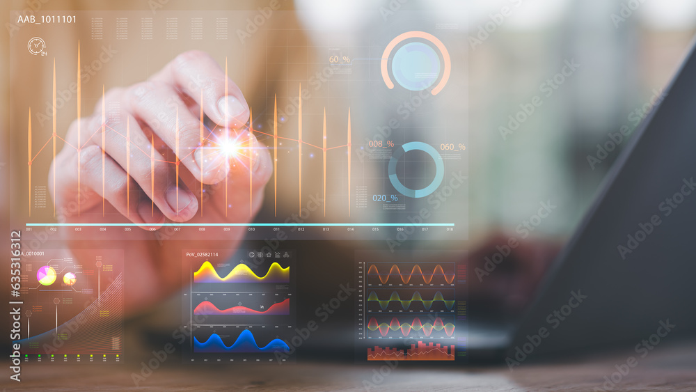 Poster statistical analyst reading graph report and business statistics charts ,Analysis and improvement of corporate strategy ,manage financial and marketing documents , Statistics and Data Concepts