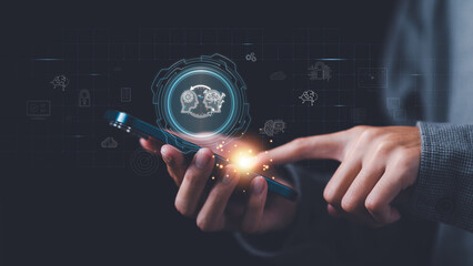 Businessman showing concept connection innovation development and artifacts too artificial intelligence ,AI , ideas and innovation ,Machine learning ,Processing from large databases
