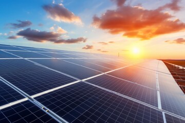 Solar panels align under a blue sky at sunset, symbolizing the push for renewable energy and a sustainable future against global warming.