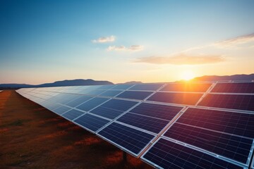 Solar panels align under a blue sky at sunset, symbolizing the push for renewable energy and a sustainable future against global warming.