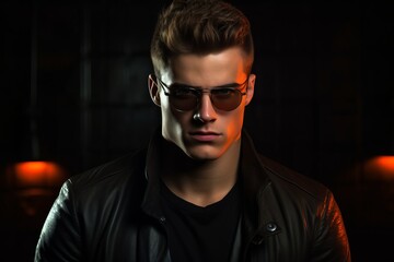 A fashion-forward portrait of a young man adorned in sunglasses against a moody dark backdrop, exuding confidence, style, and nighttime allure with strategic lighting.
