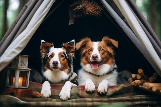 Two dogs, a Nova Scotia Duck Tolling Retriever and a Jack Russell Terrier, camp in a tent amidst a forest, embodying the spirit of adventure and travel companionship.