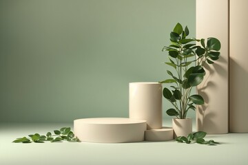 3d render of minimal product display podium with tropical leaves. Mock up for design