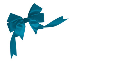 blue ribbon with blue bow on top left corner, transparent and white background, PNG image.