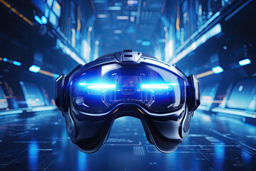 Virtual reality technology world background with VR or AR headset glasses, cyber space futuristic scene, playing virtual game world concept, digital science fiction, with Generative Ai.