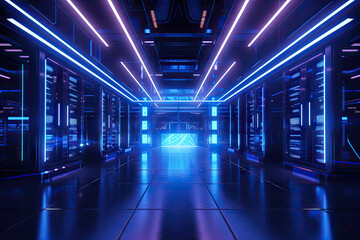 Fototapeta na wymiar Data storage server warehouse room with neon light glowing trails, futuristic digital technology concept, data network and connection, internet for communication, with Generative Ai.