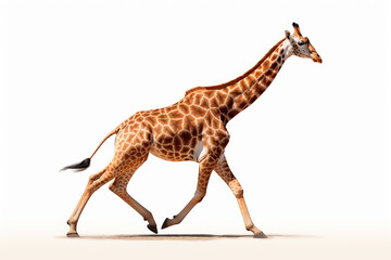 Obraz premium Giraffe isolated on white background running. Animal right side portrait.