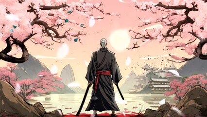 Samurai man stand wearing traditional suit dress  with cherry blossom tree, temple building, anime character background, cartoon, looping video  Generative AI