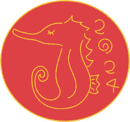 手描きタツノオトシゴの日の丸ハンコ風イラスト